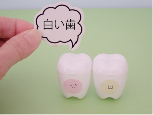 白い歯と書かれた吹き出しと歯の形をした小物入れ2つ
