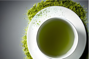 湯飲み茶わんに入った緑茶と散りばめられたお茶の葉