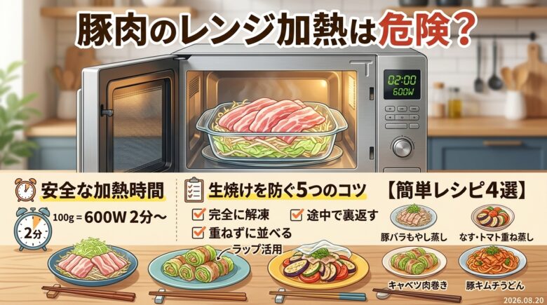 豚肉のレンジ加熱は危険?安全な加熱時間と生焼けを防ぐ5つのコツ【簡単レシピ4選】アイキャッチ画像