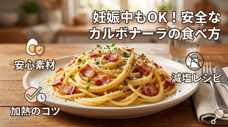 『妊娠中もOK！安全なカルボナーラの食べ方』というタイトルと、安心素材・加熱のコツ・減塩レシピのポイントをまとめたカルボナーラのアイキャッチ画像