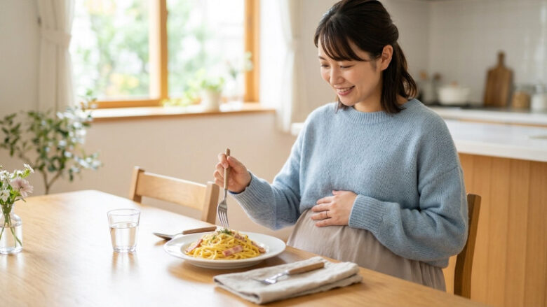 温かい光が差し込む食卓でカルボナーラを前に優しく微笑む妊婦