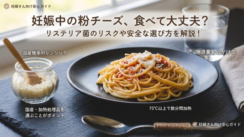 「妊娠中の粉チーズ、食べて大丈夫?」と書かれたブログ記事用のアイキャッチ画像。温かいトマトパスタに国産の粉チーズがかかっており、妊婦さん向けの安心ガイドのチェックマークが付いています。