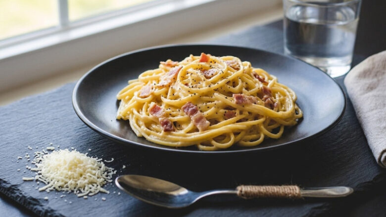 美味しそうなカルボナーラパスタと横に添えられた細かな粉チーズ