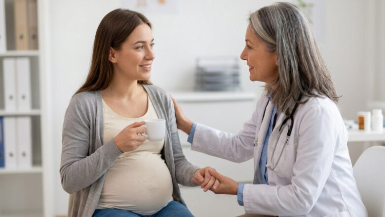 医師に笑顔で優しく手を添えられながら相談している妊婦