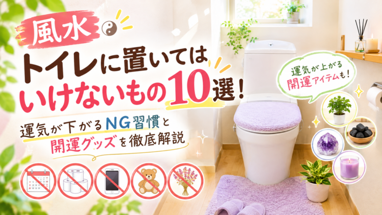 風水でトイレに置いてはいけないもの10選と開運グッズを紹介するアイキャッチ画像。カレンダーやトイレットペーパー、スマホ、ぬいぐるみ、ドライフラワーなどのNGアイテムと、観葉植物や竹炭、紫色の小物を配置した明るいトイレのイラスト。