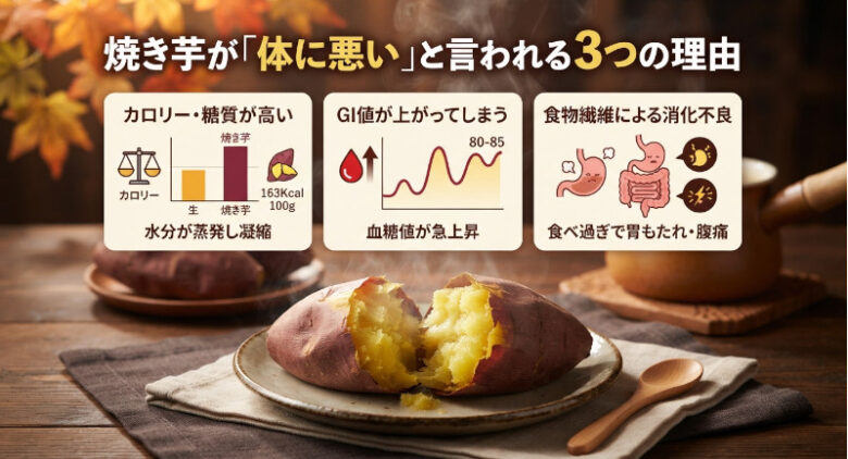 焼き芋が「体に悪い」と言われる3つの理由(カロリー・糖質、GI値、食物繊維による消化不良)をまとめたインフォグラフィックと焼き芋の写真