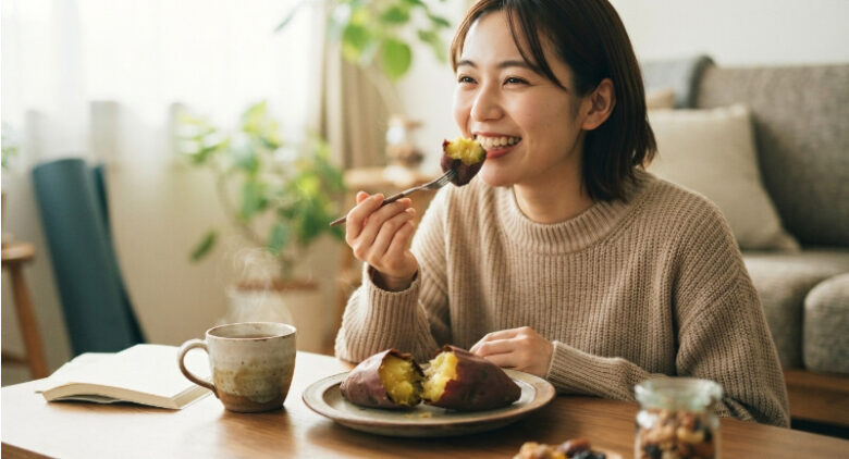 自宅で美味しそうに焼き芋を食べながら笑顔を見せる女性と朝食のテーブル