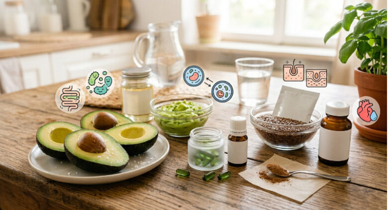 アボカドと栄養素・健康効果をイメージしたイラストアイコンが並ぶ明るいキッチンのテーブル