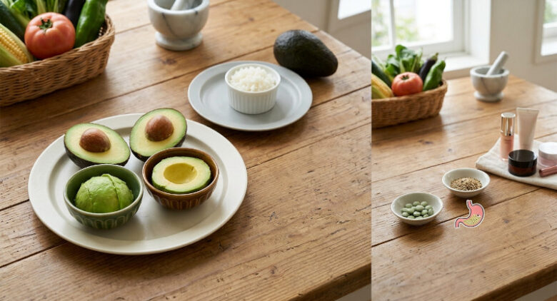 木目のテーブルに置かれたカットされたアボカド、ご飯茶碗、そしてスキンケア用品