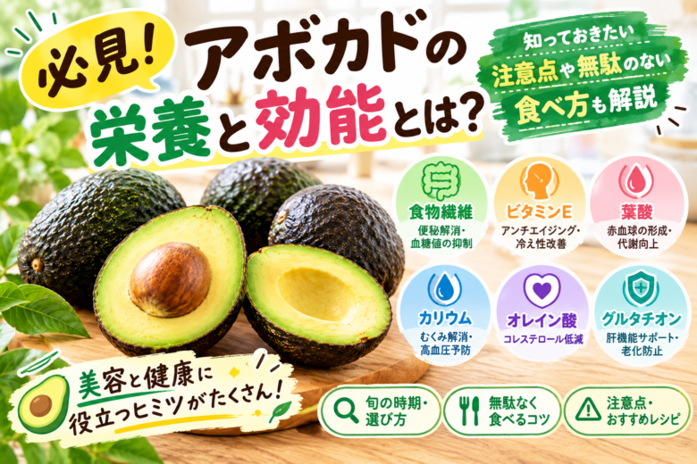 アボカドの栄養と効能、注意点や栄養を無駄なく摂る食べ方を紹介するイメージ画像