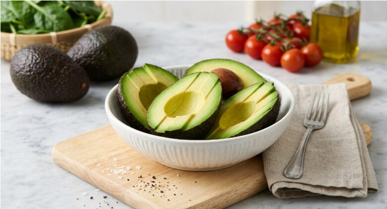 カットされたアボカドと丸ごとのアボカド、ミニトマトが並ぶ食卓