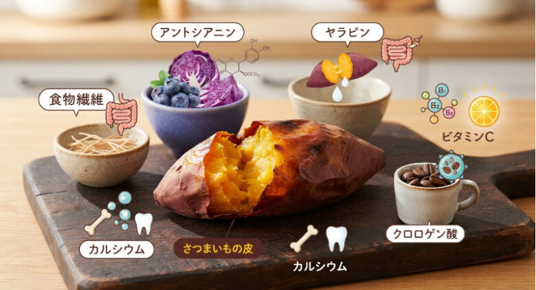 食物繊維やアントシアニン、ヤラピンなどの栄養素アイコンに囲まれた、皮ごと焼いた焼き芋