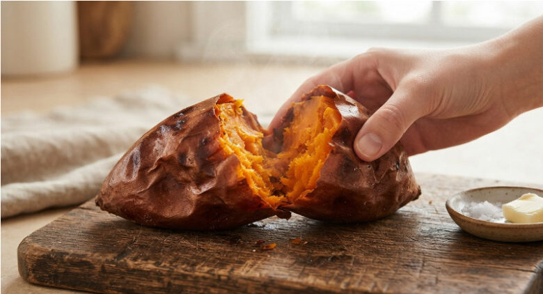 手で半分に割った、皮ごと香ばしく焼かれた熱々の焼き芋