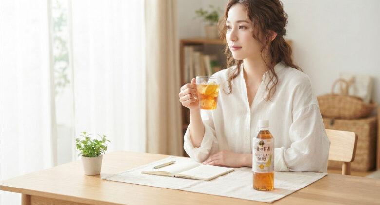 明るい窓辺のデスクで「午後の紅茶 おいしい無糖」のグラスを手に持ち、リラックスして遠くを見つめる女性