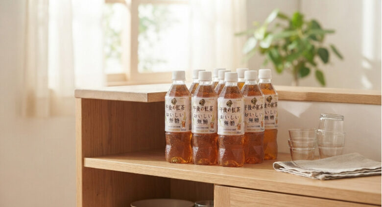 明るい室内の木製棚に美しくストックされた「午後の紅茶 おいしい無糖」のペットボトル