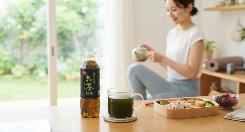 明るいキッチンでヨガマットの隣に置かれた「おーいお茶 濃い茶」のペットボトルとグラス、ティーポットを持つ女性