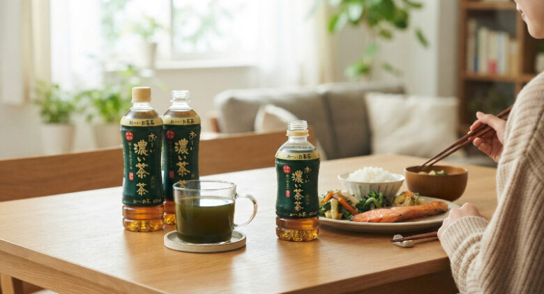 食事のテーブルに置かれた「おーいお茶 濃い茶」のペットボトルと、お茶を楽しむ女性の風景