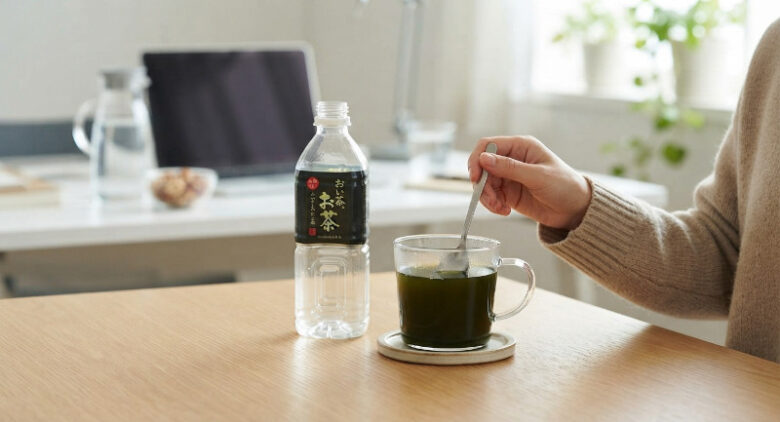 デスクの上に置かれた「おーいお茶 濃い茶」のペットボトルと、濃い緑色のお茶が入ったグラス