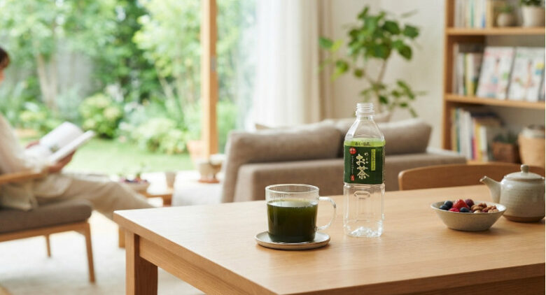 明るいリビングのテーブルに置かれた「おーいお茶 濃い茶」のペットボトルとグラス、健康的で心地よい日常の風景