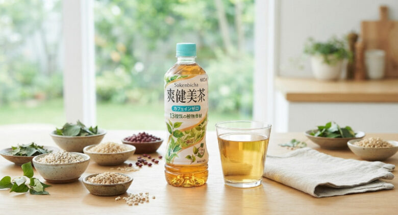 木目のテーブルの上に置かれた「13種類の植物素材」と記載のある「爽健美茶」のペットボトルとグラス、周囲にはハトムギやどくだみなどの植物素材が入った小皿が並べられている様子