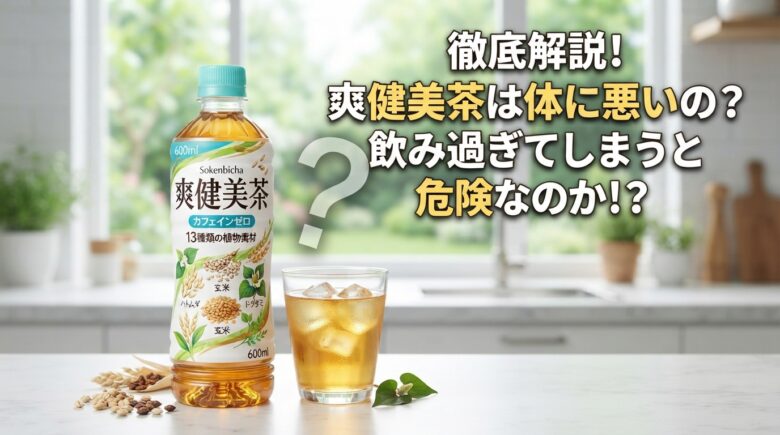徹底解説!爽健美茶は体に悪いの?飲み過ぎてしまうと危険なのか!?」というテキストが大きく書かれたアイキャッチ画像。背景は明るいキッチンで、手前には「爽健美茶」のペットボトルとグラス、そして原材料の植物素材が置かれている。