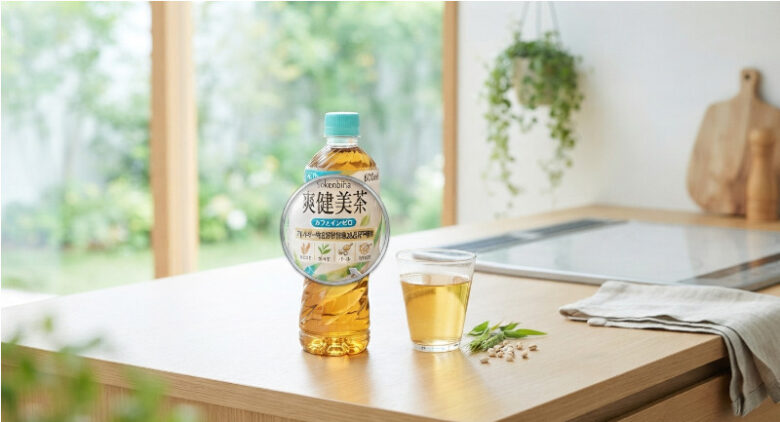 木目のテーブルの上に置かれた「爽健美茶」のペットボトルとグラス、ボトル手前にはハトムギなどの植物素材が添えられている様子