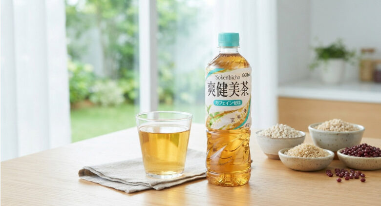 明るい窓際のテーブルに置かれた「爽健美茶」のペットボトルとグラス、横に並べられた植物素材の小皿
