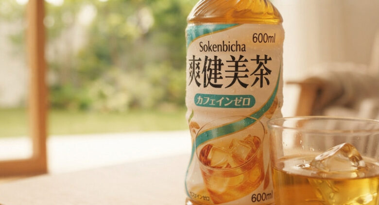 木目のテーブルの上に置かれた「爽健美茶」のペットボトルと氷の入ったグラスのクローズアップ、柔らかい光が差し込むリラックスした室内