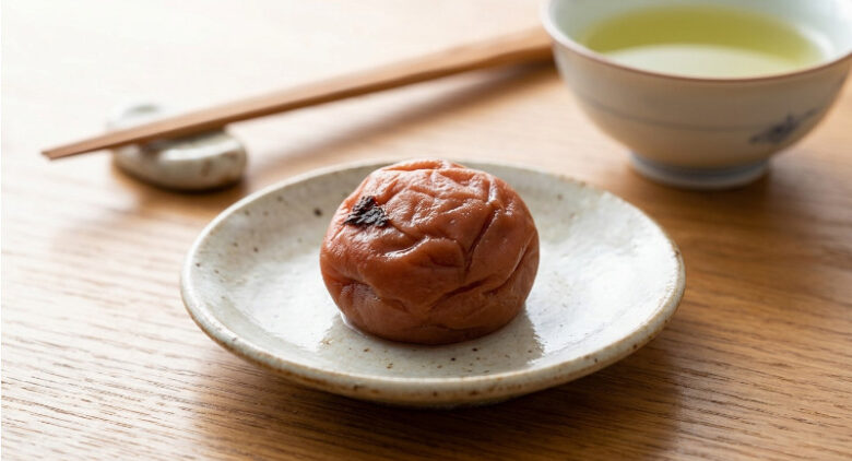 小皿に乗った1個の梅干し(1日の適量目安)