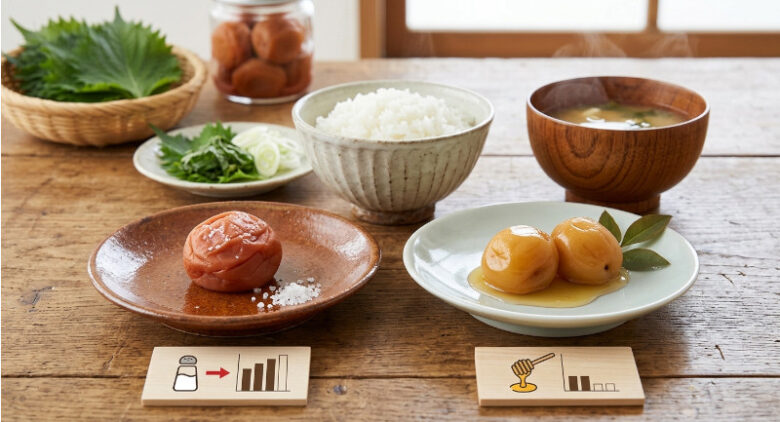 塩を添えた昔ながらの梅干し1個と、はちみつ梅2個がそれぞれの小皿に並ぶ和食の食卓