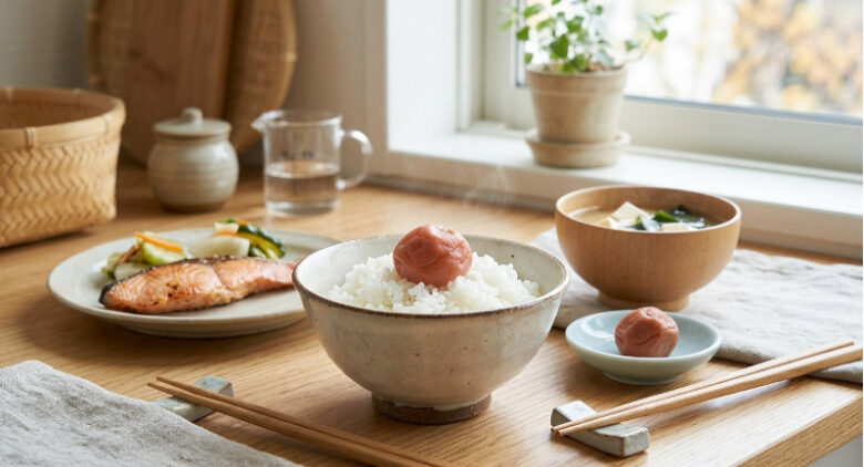 ほかほかの白ご飯の上に梅干しが乗った、焼き魚やお味噌汁が並ぶ健康的な朝食の食卓