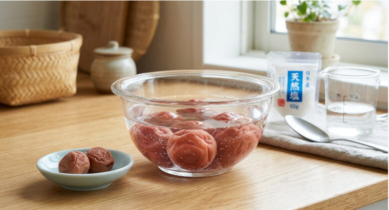 透明なガラスボウルに入った塩水に浸けて塩抜きをしている梅干しと、横に置かれた塩と計量カップ