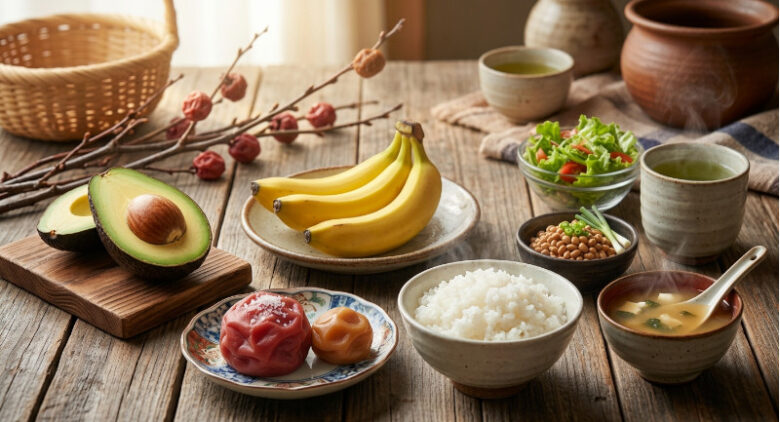 梅干しとご飯、みそ汁、バナナ、アボカド、納豆が並ぶ健康的な食卓