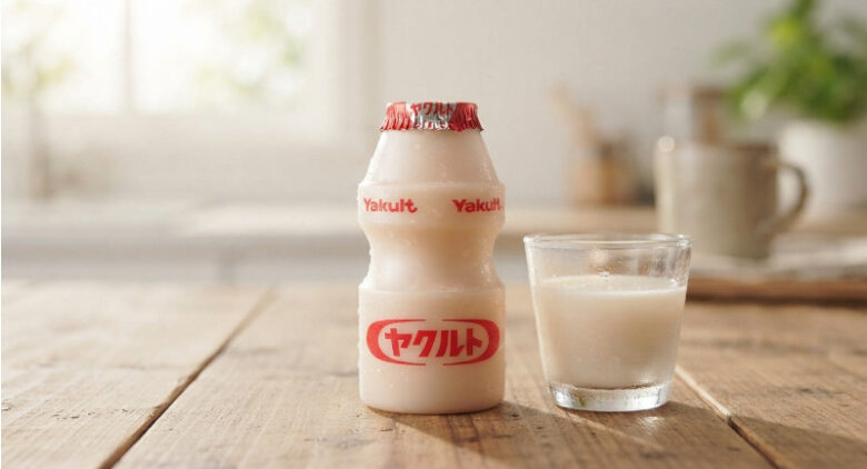 明るい木製テーブルに置かれたヤクルトのボトルと乳酸菌飲料のグラス