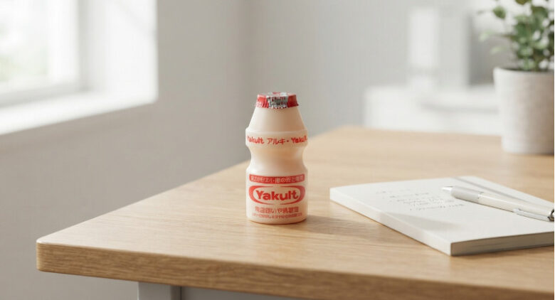 整頓された木の机の上に置かれたヤクルトのボトルとノート、ペン