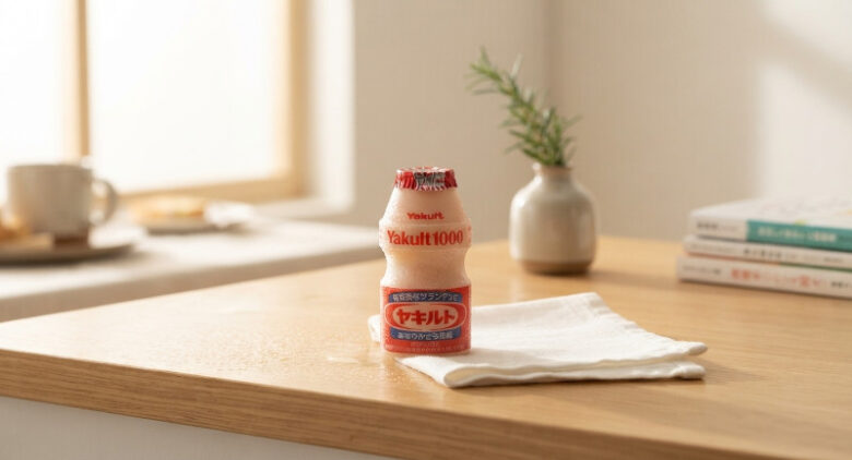 窓辺の明るい光の中で、朝露を帯びて輝く1本のヤクルトのボトルと、隣に小さな白い花が添えられた清潔なテーブル