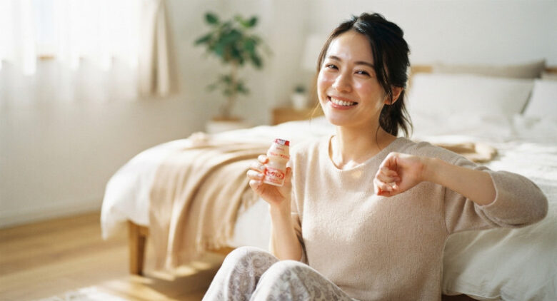 朝の光差す部屋でヤクルトを手に爽やかに微笑む女性