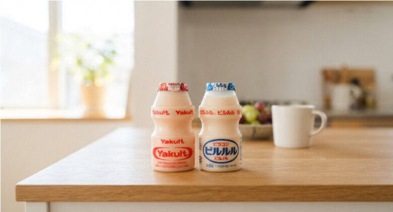明るいキッチンカウンターに並んだヤクルトとピルクルのボトル