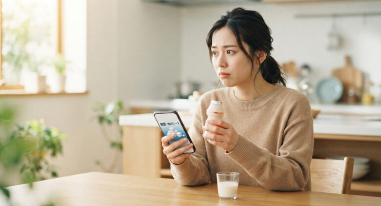 カロリーや糖質が気になってヤクルトとスマホを見つめる女性