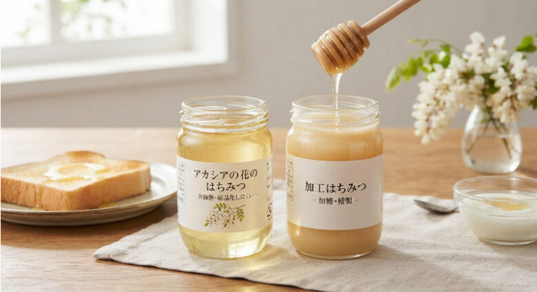 木製のハニーディッパーからとろりと糸を引いて落ちる、透明で淡い黄金色のアカシアのはちみつ。背景にはトーストとヨーグルト。