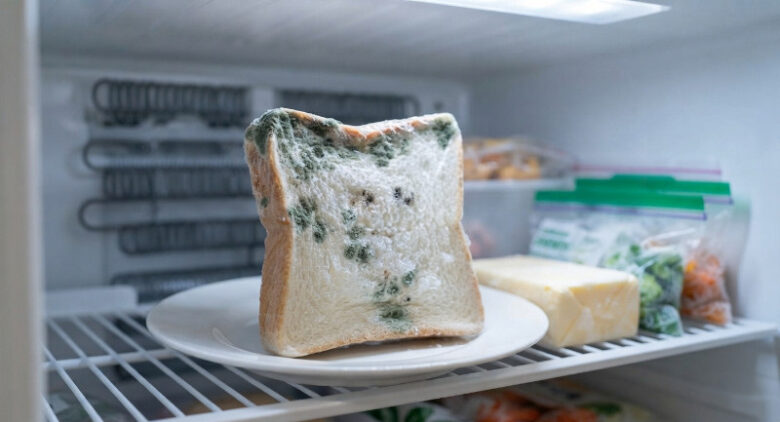 冷凍庫の棚の上に置かれた、カビが生えて傷んだ食パンの皿。周囲の冷凍食品も同じスケールで写っている。