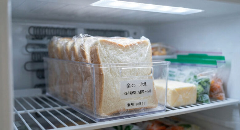 冷凍庫の中にケースに入れて保存されている、ラップに包まれた食パン