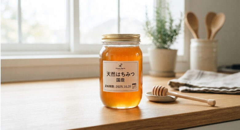 明るいキッチンのカウンターに置かれた、賞味期限表示のあるガラス瓶に入ったきれいなはちみつ
