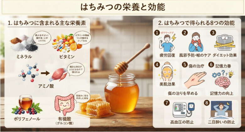 「はちみつの栄養と効能」のタイトルと、中央のはちみつの瓶を挟んで、左側にミネラル・ビタミン・アミノ酸・ポリフェノール・有機酸などの主な栄養素、右側に疲労回復や風邪予防、ダイエット、美肌、傷の治り、記憶力向上、高血圧防止、二日酔い防止の8つの効能がイラスト付きでわかりやすくまとめられた画像