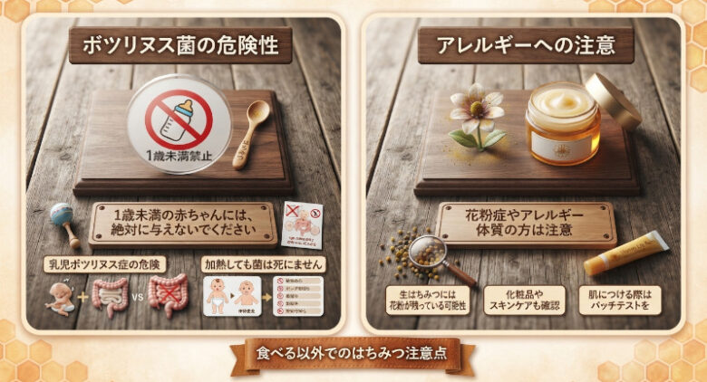 木のテーブルの上に、「ボツリヌス菌の危険性(1歳未満の乳児への注意や症状)」と「アレルギーへの注意(生はちみつの花粉や化粧品に関する注意)」の2つのテーマが、写真風のボードやアイテムとともに分かりやすくレイアウトされています。