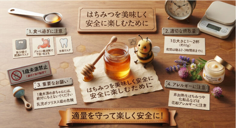 木のテーブルの上に、はちみつの瓶や計量器、可愛いミツバチの置物とともに、はちみつの食べ過ぎの注意点、1日の適切な摂取量、1歳未満の乳児へのボツリヌス症の注意、花粉アレルギーへの注意書きが写真風にレイアウトされています。