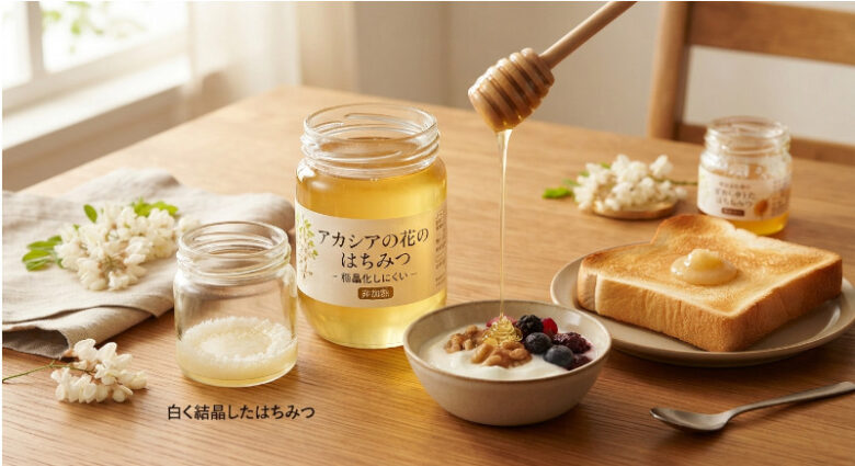 白く結晶化したはちみつと、透明なアカシアの花のはちみつの瓶、トーストやヨーグルトが並んだ明るい食卓の様子