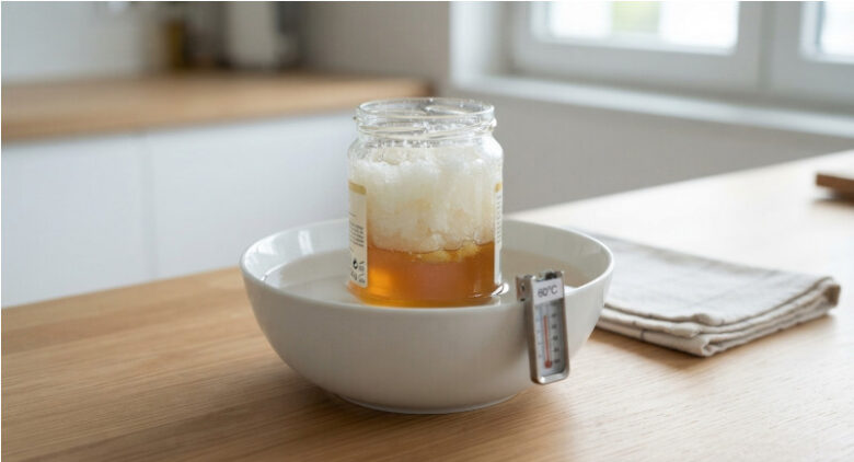 白く結晶化して固まったはちみつの瓶を、60℃のお湯を張ったボウルに入れて湯煎し、下から透明にとろけさせている様子