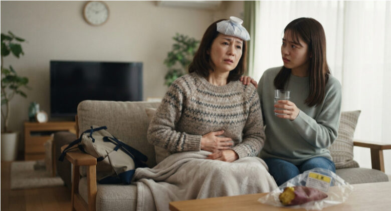 リビングのソファで腹痛や発熱に苦しみながら氷枕を当てている女性と、それを心配そうに水分を持って見守る家族の様子。手前のテーブルには傷んださつまいもが置かれている。