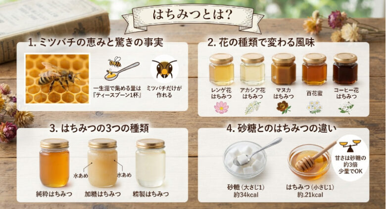 「はちみつとは?」のタイトルと、ミツバチやレンゲ・アカシア・マヌカなどの花ごとの違い、純粋・加糖・精製のはちみつの種類、砂糖とのはちみつのカロリーや甘さの違いが写真付きでわかりやすくまとめられた画像